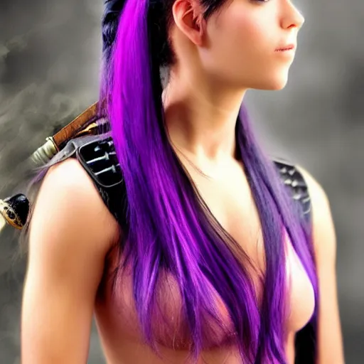 Prompt: beautiful female warrior with long purple hair and katana, diadem
