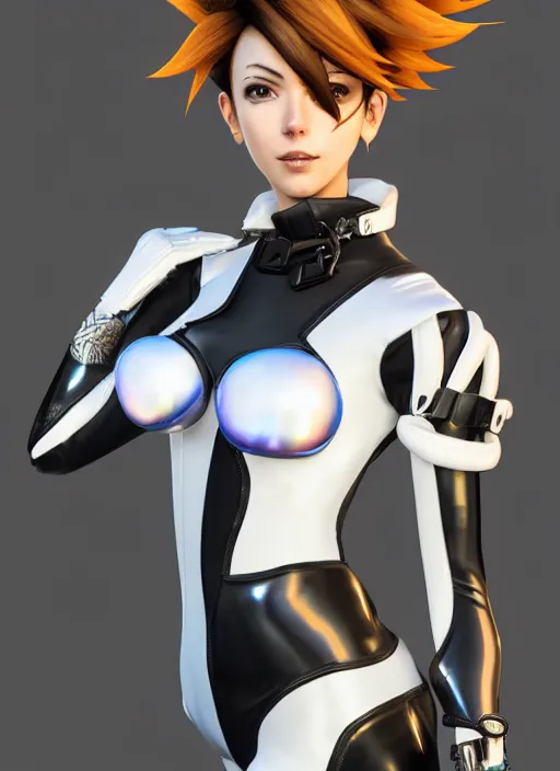 Image similar to portrait bust digital artwork of tracer overwatch, wearing white iridescent rainbow latex and leather straps catsuit outfit, 4 k, expressive happy smug expression, makeup, in style of mark arian, angel wings, wearing detailed black leather collar, chains, black leather harness, detailed face and eyes,
