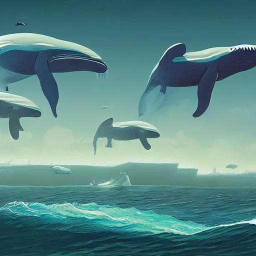 Prompt: a highly detailed matte painting of whales flying over the oceanlands, Simon Stalenhag, featured on Artstation
