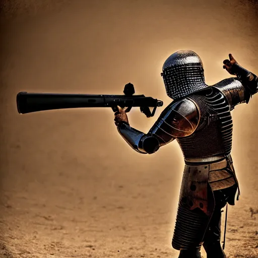 Image similar to medieval knight, in armor, shooting an ak - 4 7. 4 k, hdr, 5 0 mm lens, f 1. 8.