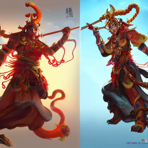 Prompt: monkey king vs. Nezha with three heads and six arms,Concept Artist,from artstation,by chi hao to