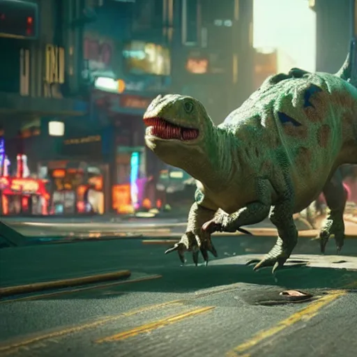 Image similar to a dinosaur watermelon egg is hatching in the middle of Night City in Cyberpunk 2077.