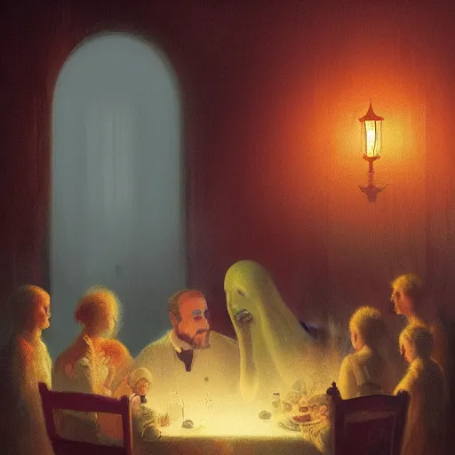 Image similar to The dinner with all the dead people I knew, By Delphin Anjolras, by Ismail Inceoglu, by Emiliano Ponzi, ghosts