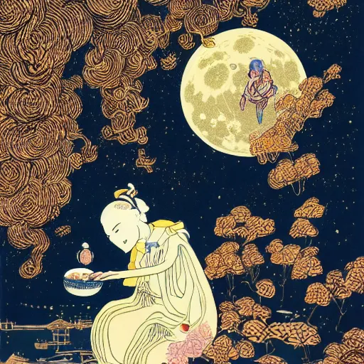 Prompt: mid - autumn festival, moon, goddess named chang e on the moon, lover hou yi drinking wine on earth, by victo ngai