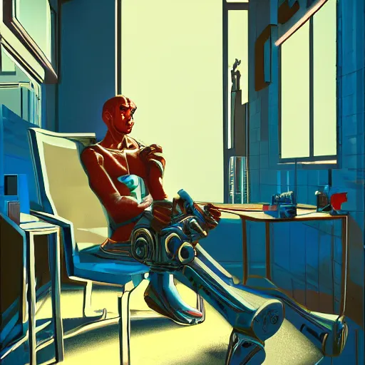 Prompt: a posthuman cyborg in their apartment sitting down at a chair, artstation frontpage, maximalist, art deco architecture, socialist realism, blue