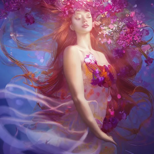 Prompt: Ginger woman in a swirling sundress of flowers, underwater, floral explosion, radiant light, vortex of plum petals, by WLOP and artgerm, artstation, deviantart, pixiv