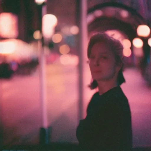 Prompt: A gorgeous woman’s face shattered, blurred city background, captured in low light, cinestill 800t