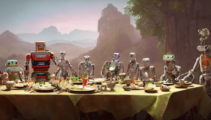 Prompt: a table dinner of robots where robots are dressed like the characters from the midsommar movie, realistic detailed digital art by maxwell boas jessica rossier christian dimitrov anton fadeev trending on artstation cgsociety rendered in unreal engine 4 k hq