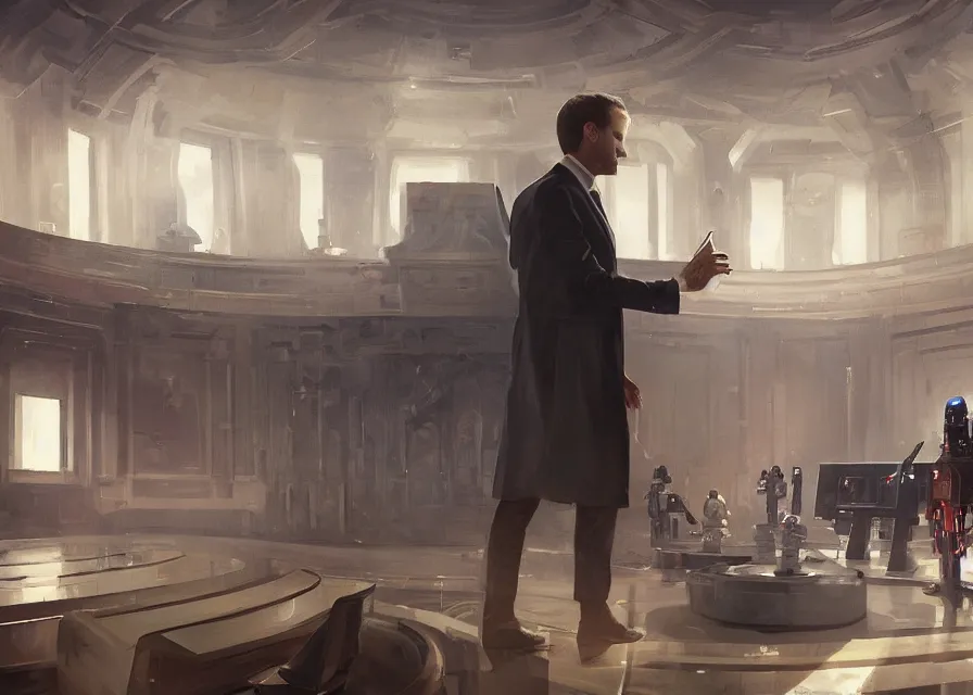 Prompt: painting of Emmanuel Macron dressed as a senator in Star Wars, inside the galactic senate, sharp focus, trending on ArtStation, masterpiece, by Greg Rutkowski, by Ross Tran, by Fenghua Zhong, octane, clear eyes, soft render, oil on canvas, moody lighting, cinematic, professional environment concept art