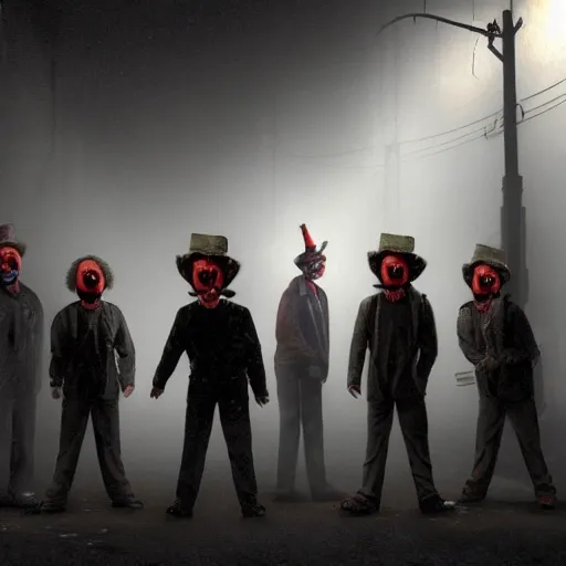 Image similar to a group of men dressed as clowns standing around a tv screen in a dark foggy alley in silent hill