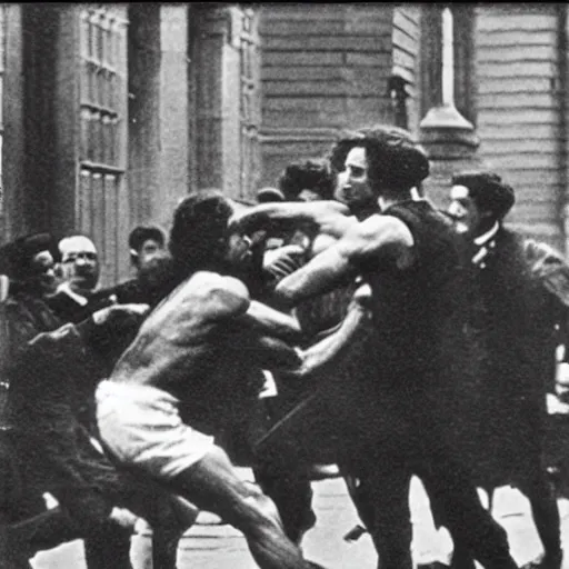 Image similar to a close - up old black and white photo, 1 9 1 3, depicting isaac newton fighting gottfried leibnitz in an ally of new york city, rule of thirds, historical record