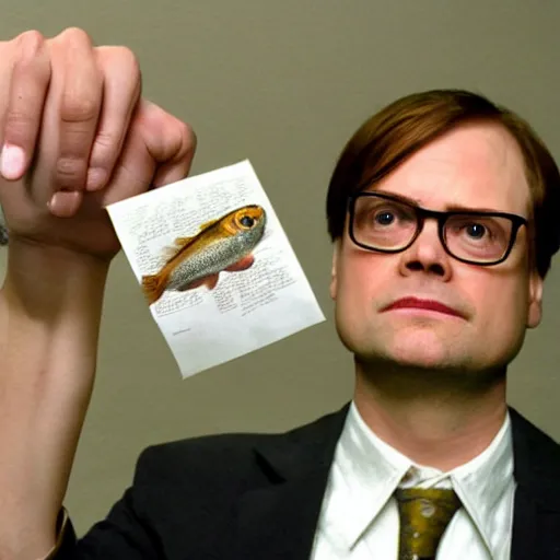 Image similar to proud dwight schrute holding a tiny piece of paper and a fish above his head by rubins