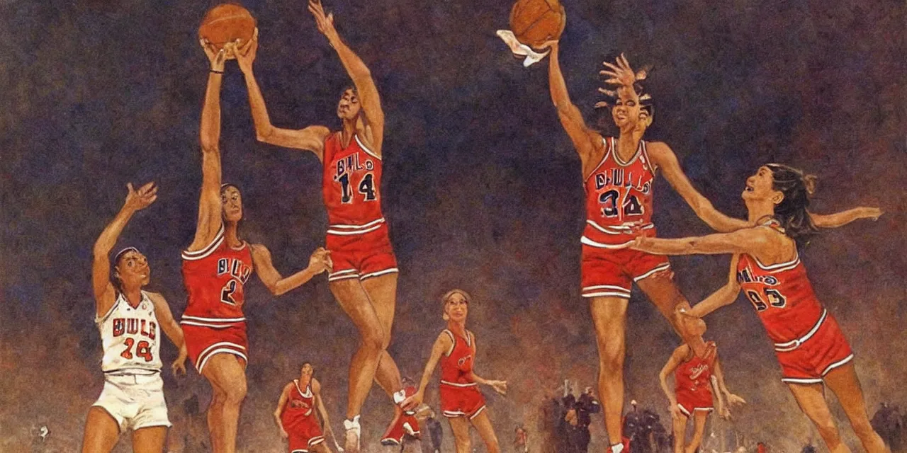 Image similar to candace parker playing basketball in a chicago bulls jersey art by frank frazetta, wide angle view,