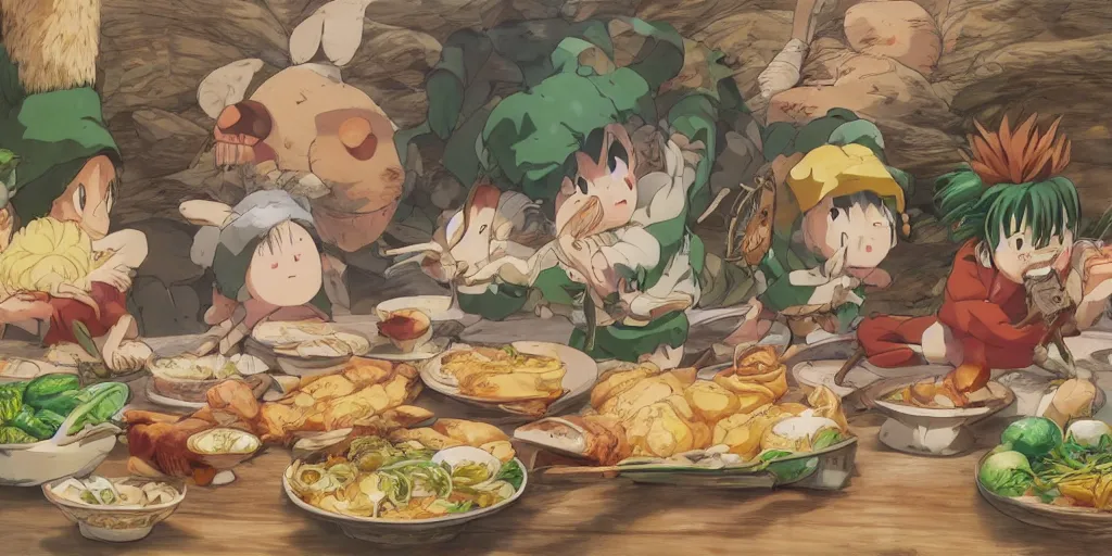 Prompt: A feast for the Gon, very detailed, anime, Delicious, Plump, Juicy, Hot Food, large white border, hd, 8k, Unreal Engine 5, high resolution print :1 by Hayao Miyazaki, Nausicaa, studio Ghibli style, Anime wallpaper, cell shading, trending on deviant art :1