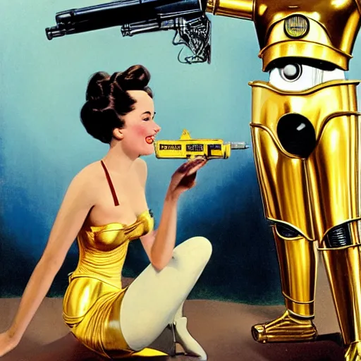 Image similar to a reclining c3po with a smiling female human face by Gil Elvgren, holding a smoking ray-gun, full body