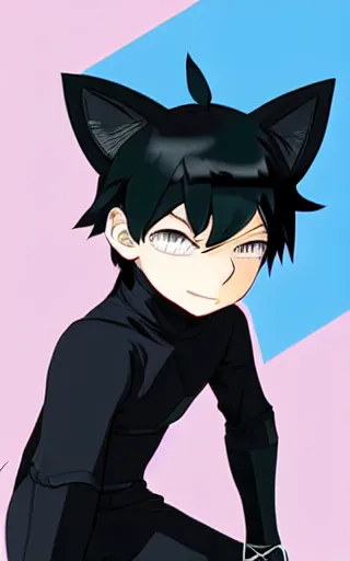 Image similar to little boy with cat ears wearing an black latex suit with cape. digital painting made by makoto shinkai and james jean and kohei horikoshi, inspired western comic, perfect composition, highly sharp details, smooth, anatomically correct