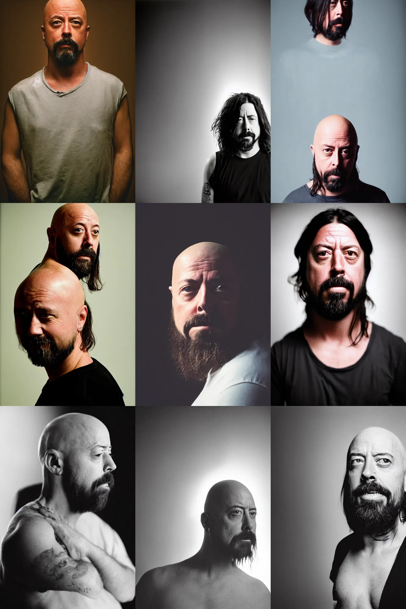 Prompt: High resolution medium shot portrait of bald Dave Grohl, dramatic lighting, Fuji Superia, F 2.8, 85mm, magazine photography,