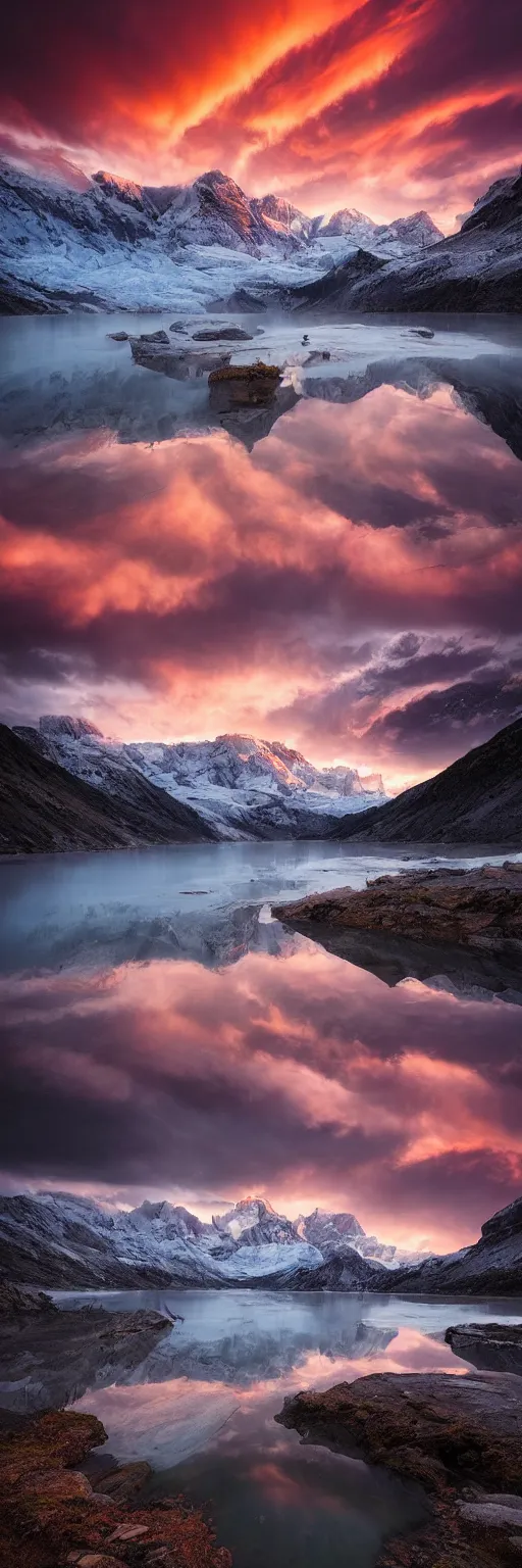 Image similar to landscape photography by marc adamus, glacial lake, sunset, dramatic lighting, mountains, clouds, beautiful'gives instant pleasant looking photography - like images