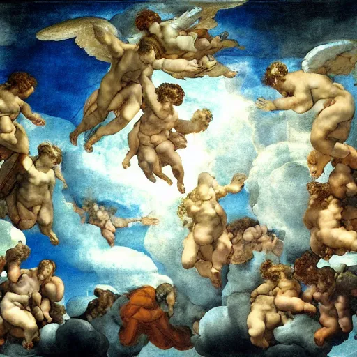 Prompt: Beautiful realistic painting of a cloudy sky with angels, electric storm, monotonous by Michelangelo