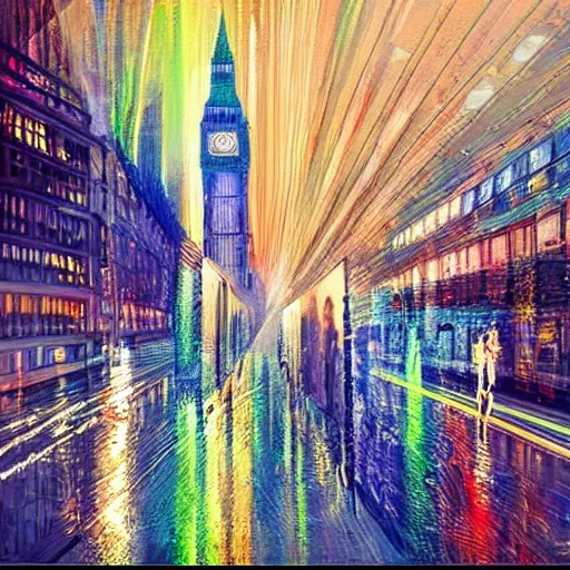 Image similar to a new artistic style that is a mix of impressionism and surrealism uses wires and light beams to portray a london street.