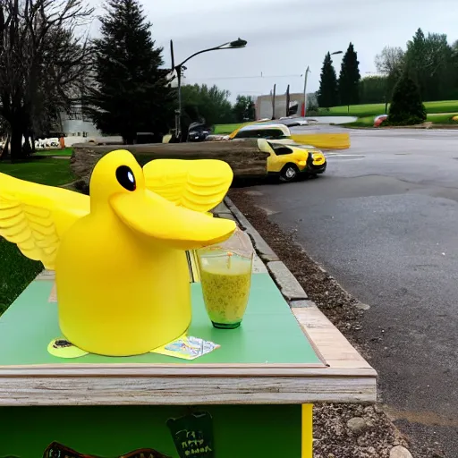 Prompt: a duck next to a lemonade stand