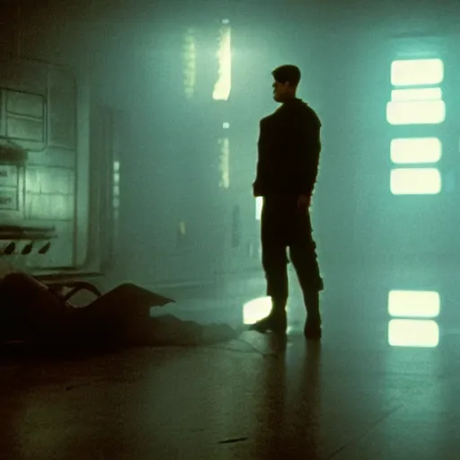 Image similar to cinematic portrait of a runaway cyborg in an empty room, still from the movie bladerunner