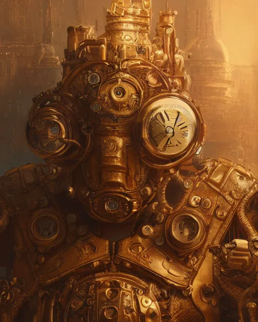 Prompt: oil painting of intricate ornate golden Steampunk Golem, sharp focus, fantasy style, steampunk city background, octane render, volumetric lighting, 8k high definition, by greg rutkowski, highly detailed, trending on art Station, rays of light