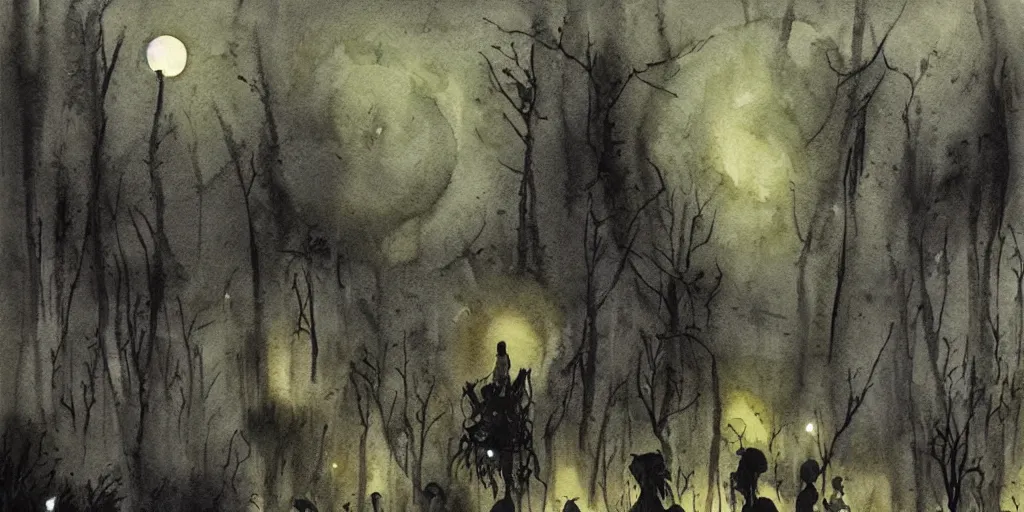 Prompt: forest mystical ceremony under the moon light, fireflies, ominous sky, watercolor by jeffrey catherine jones