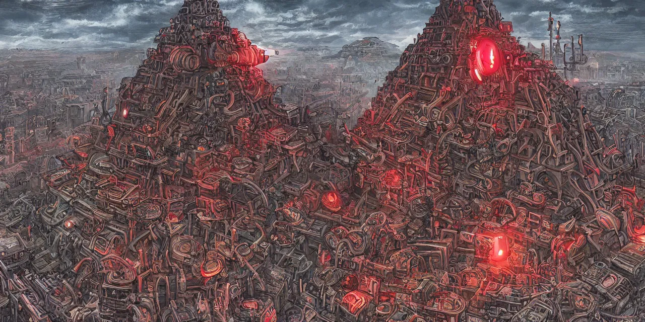 Prompt: hyper detailed comic illustration of a lone giant fleshy bio-mechanical machine pyramid with one eyeball at the top, overlooking a dystopian wasteland, bright colors with red hues, lovecraftian