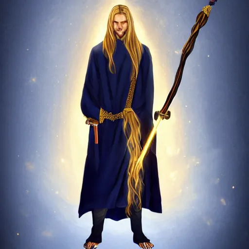 Prompt: A portrait of a young well kept wizard with a long blonde ponytail in a navy blue robe with gold accents, he holds a staff of light with a bright crystal, digital art, trending on artstation