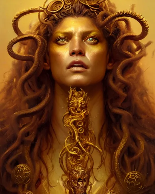 Prompt: fierce medusa in an golden robe, fantasy character portrait, ultra realistic, concept art, intricate details, highly detailed by greg rutkowski, gaston bussiere, craig mullins, simon bisley