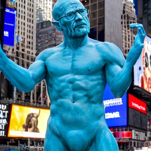 Image similar to a photograph of a very detailed renaissance sculpture of walter white as a smurf in times square, made by michelangelo, from the distance, hyper detailed, sharp focus, 8 k resolution, ray tracing