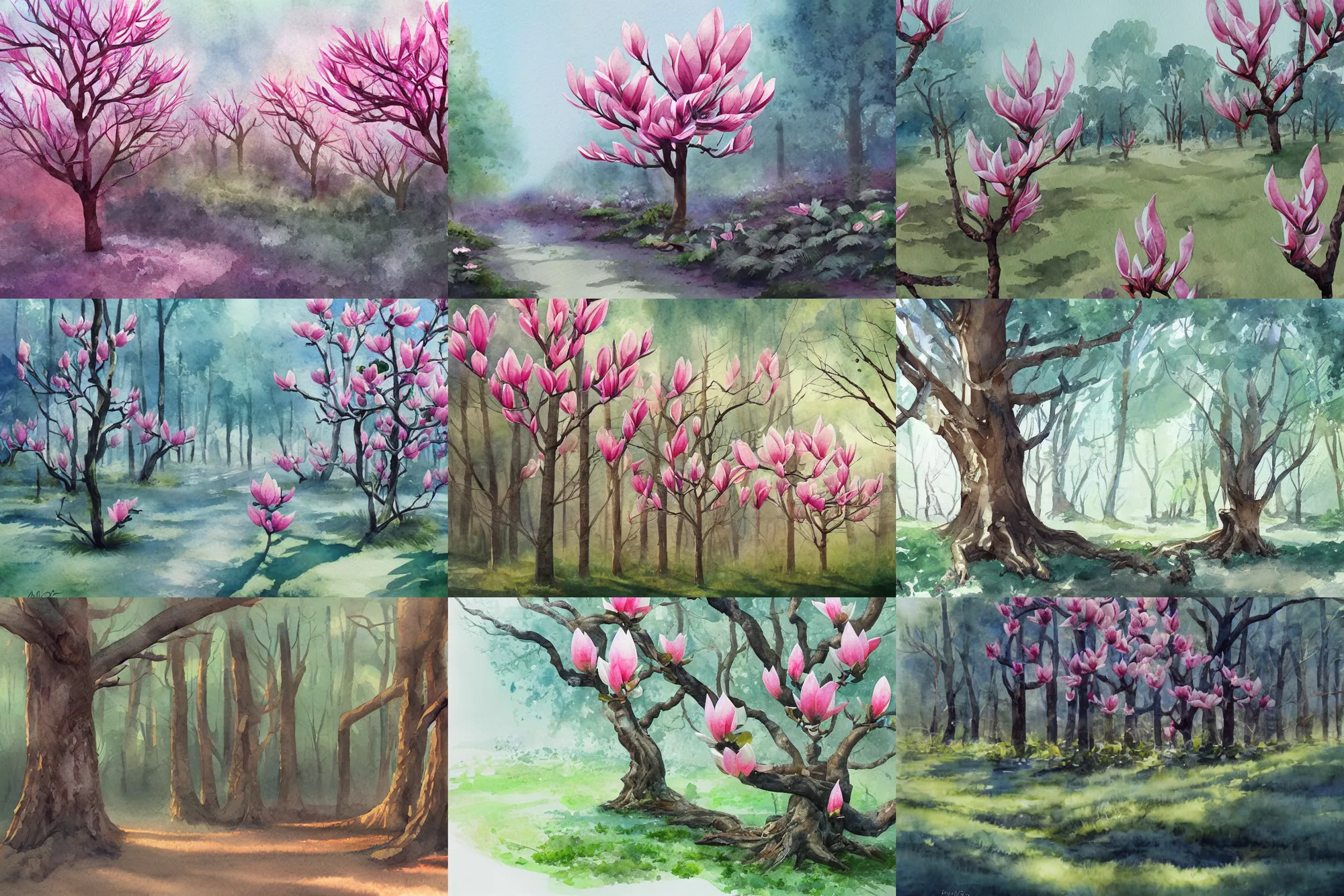 Prompt: magnolia forest, high quality watercolors, award winning, trending on artstation