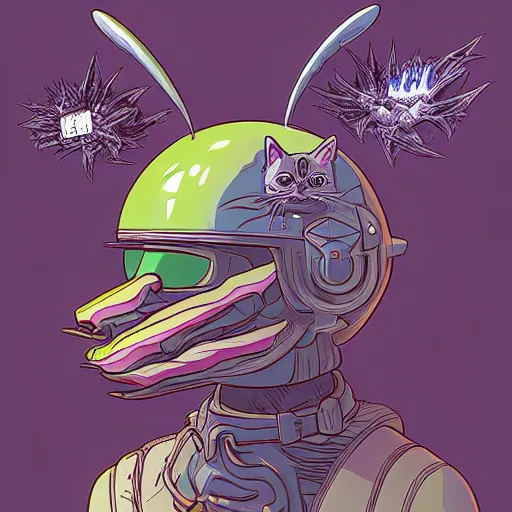 Image similar to in the style of josan Gonzalez and jinx88 a flying dragon spewing fire, eyes still visible, a floating cat wearing a futuristic helmet, highly detailed, y2k”