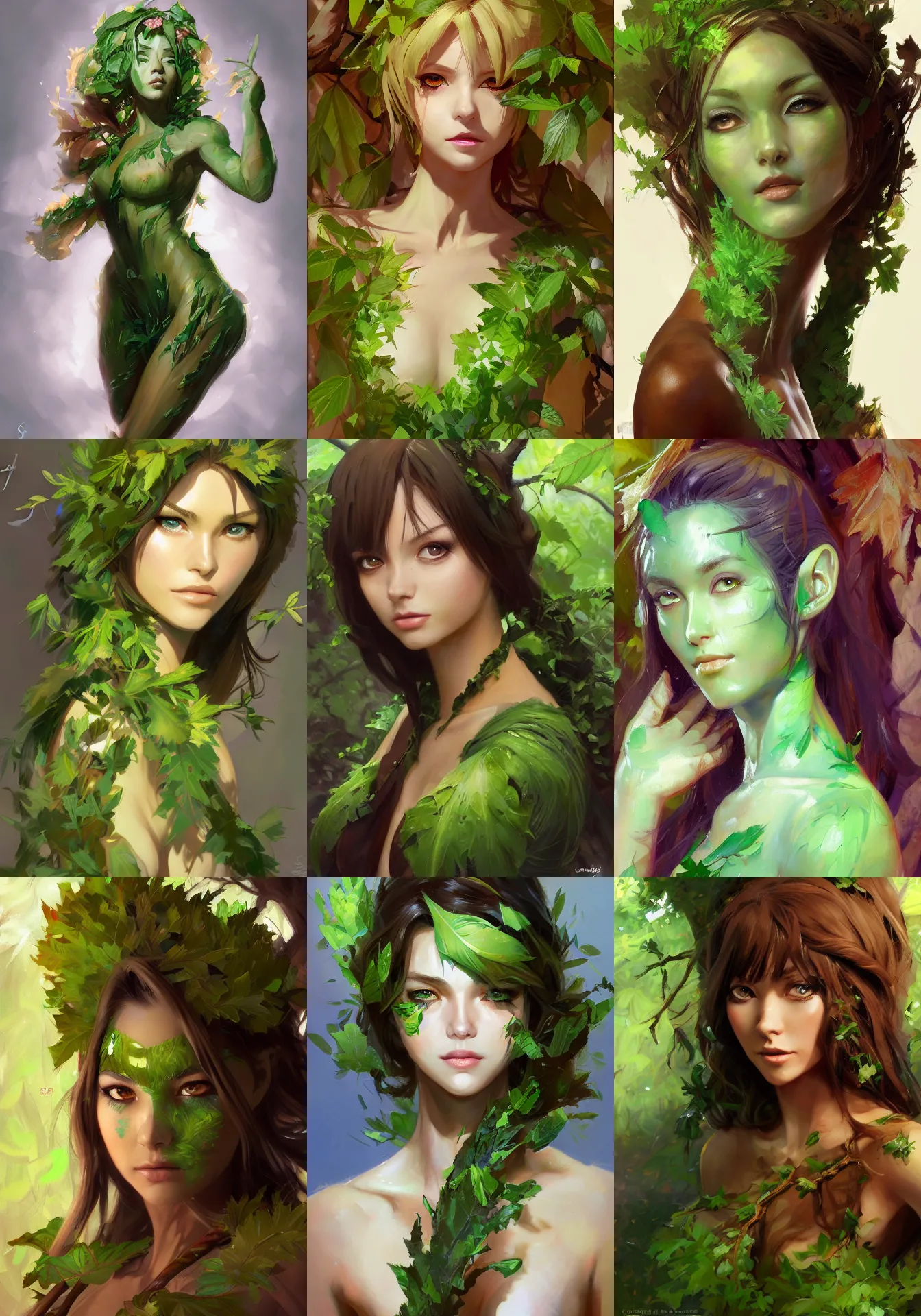 Prompt: greg manchess a realistic anime portrait of a beautiful dryad with glowing green eyes and tree bark skin wearing clothes made of leaves, digital painting, by stanley artgerm lau, sakimichan, wlop and rossdraws, digtial painting, trending on artstation