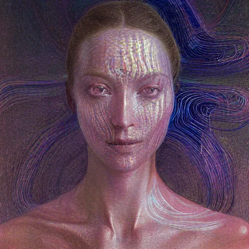 Prompt: portrait of a woman, covered in transparent cloth, glowing streaks of light, plastic, glowing eyes, flat background, Masterpiece, glowing, wires everywhere, by Edgar Maxence and Ross Tran, Zdzisław Beksiński, and Michael Whelan, distant, gustav dore, H.R. Giger, 8k, octane render