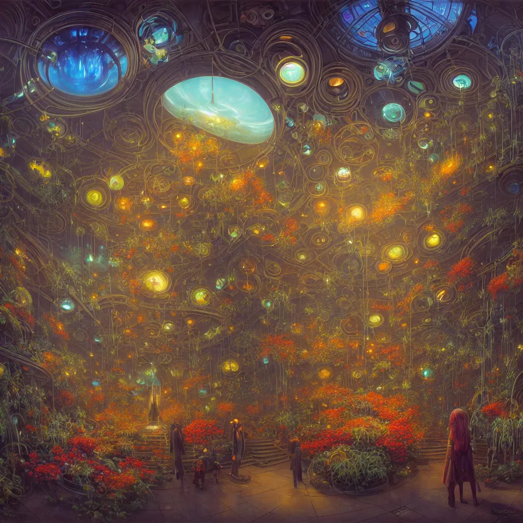 Image similar to fish eye lens a bright minimalist bioluminescent oil painting by donato giancola, warm coloured, cinematic scifi luxurious futuristic foggy steam filled victorian garden mall interior with microscopy radial windows flowers growing out of pretty bulbous ceramic fountains, gigantic pillars and flowers, maschinen krieger, beeple, star trek, star wars, ilm, atmospheric perspective