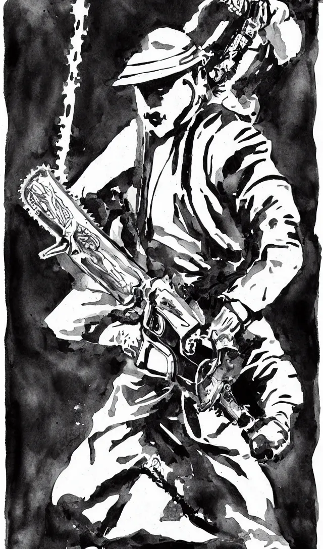 Prompt: sole samurai wielding a chainsaw, black and white watercolor, movie poster