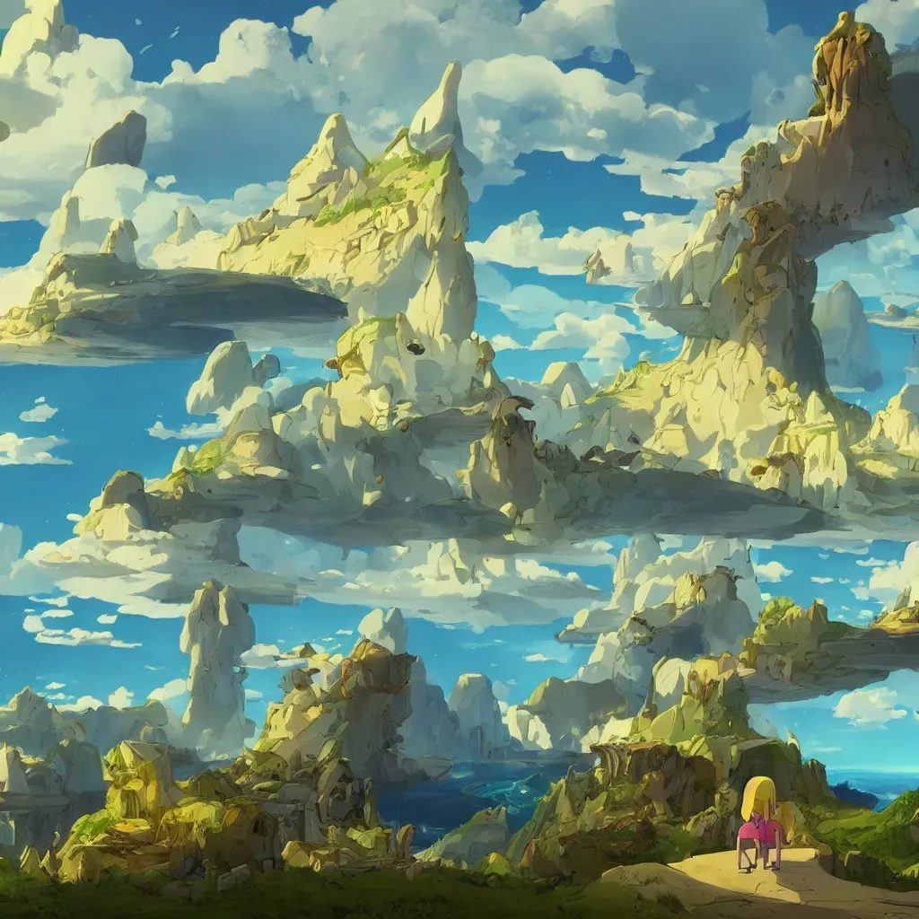 Image similar to amazing beautiful landscape ,a screenshot from adventure time, by Salvador dali and Makoto Shinkai