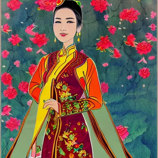 Image similar to silk painting of beautiful vietnamese princess wearing vietnamese ao dai, 2 d game art, character design, in the style of nguyen phan chanh and lam manh