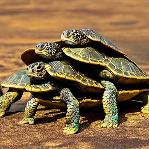 Prompt: a stack of turtles beneath a flat earth