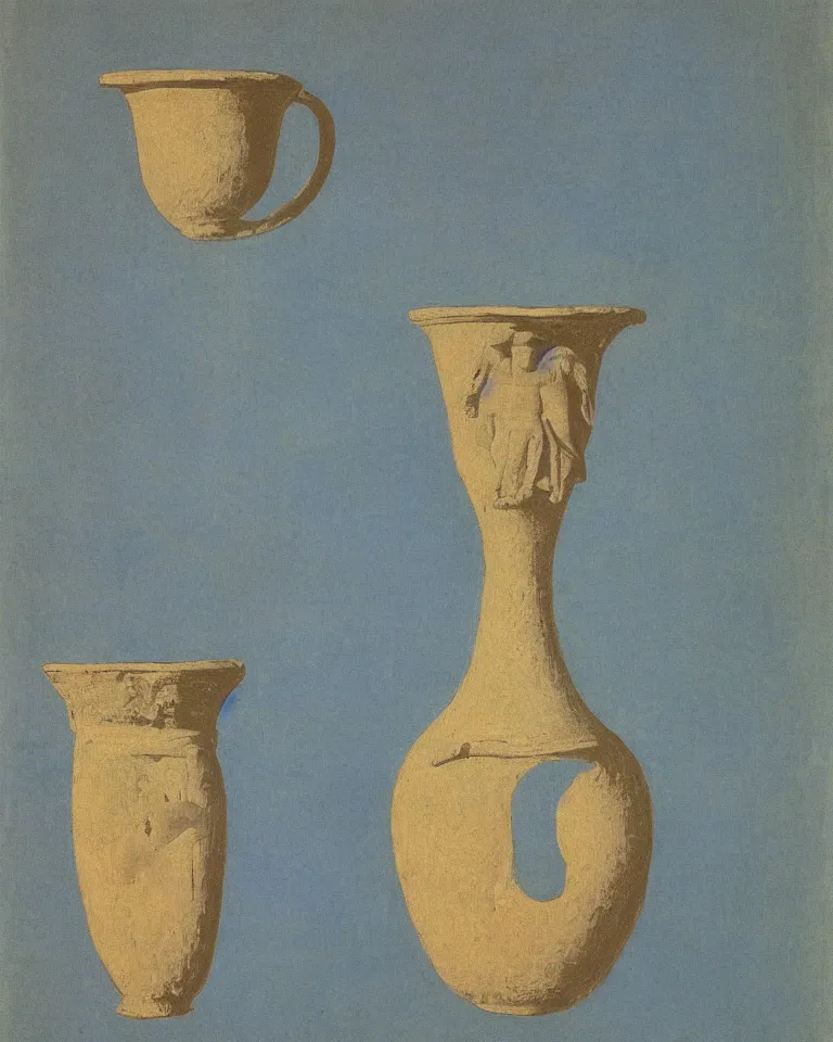 Prompt: achingly beautiful print of one painted ancient greek vase on baby blue background by rene magritte, monet, and turner. symmetrical, shadows.