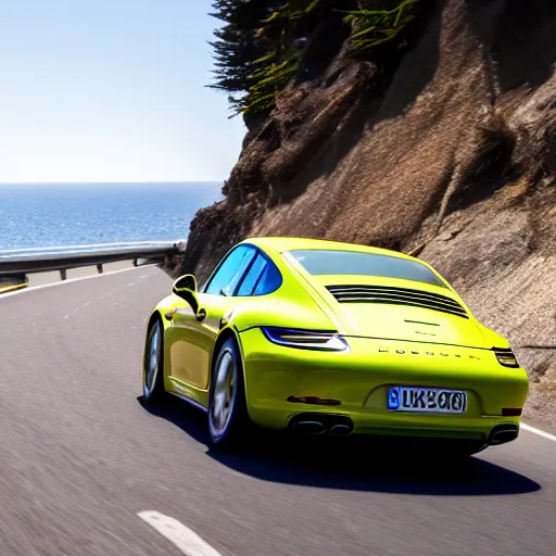 Image similar to an action photograph of a singer porsche driving along the pacific coast highway, ocean in the background, 8 k,