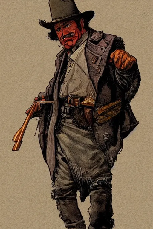 Prompt: vernon. Smug old west circus sharpshooter. concept art by James Gurney and Mœbius.