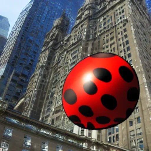 Image similar to godzilla sized ladybug in a city