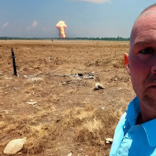 Prompt: nuclear explosion in the background, dying people with burns all over their bodies in ukraine, selfie