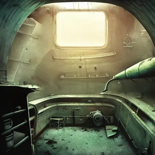 Image similar to inside an narrow quarter room of an abandonned ussr submarine, dim lighting with very small lightrays, comming, concept art, 4 k, hd, art station trending, sergii ivanchenko, sharp and highly detailed