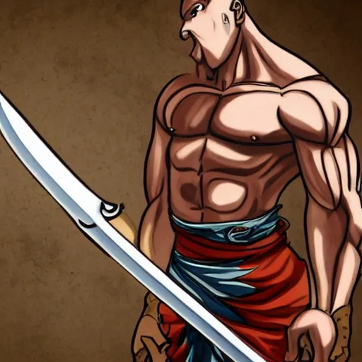 Image similar to muscular bald man, sword in hands, tattooed body, HD, anime,