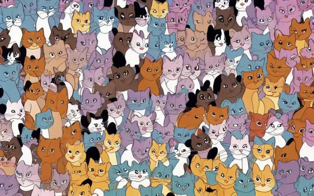 Prompt: a thousand cats forming a giant threatening mega cat, disney cartoon, Aristocats