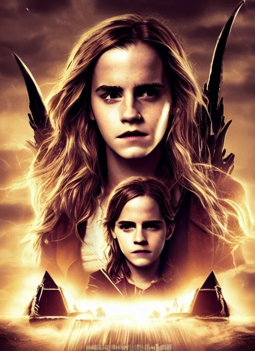 Image similar to Movie poster, Emma Watson as Hermione Granger, dark, thunderstorm, extremely detailed, award winning, 4K